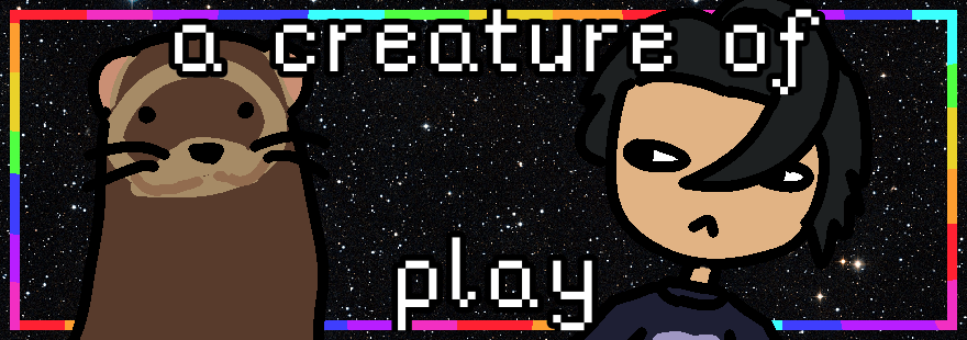 a boy and a ferret with the text 'a creature of play'